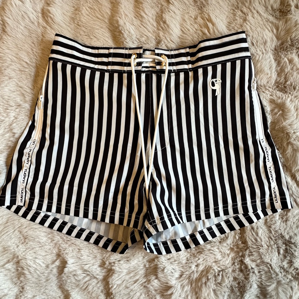 Tucann swim trunks swim shorts Black and White Striped size MEDIUM